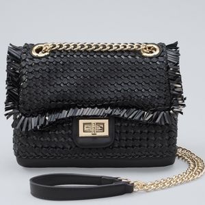 Black faux leather convertible weave bag